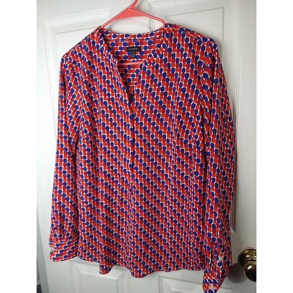 Talbots Woman M Blouse Red Blue Plpolka Dot Long Button Sleeve Semi Sheer - Picture 2 of 10